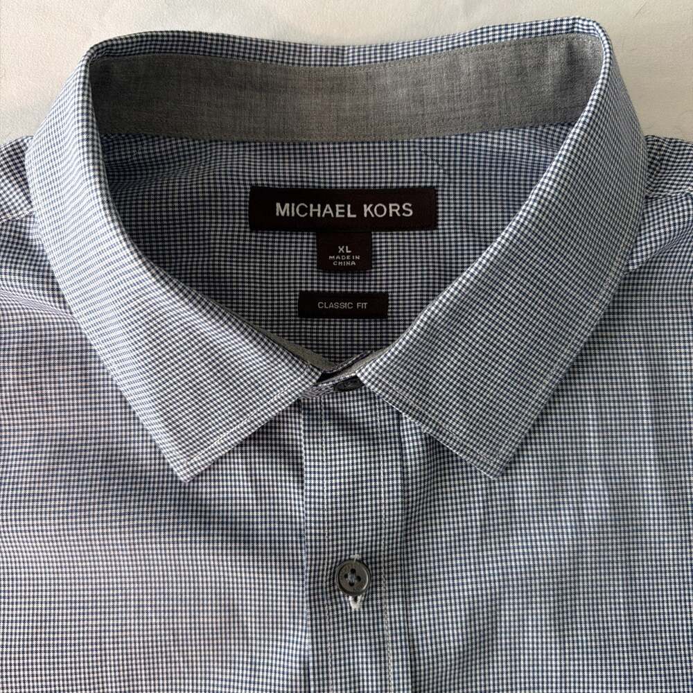 Michael Kors Long Sleeve Button-Up Shirt Regular Fit, Non-Iron, Check Blue Large